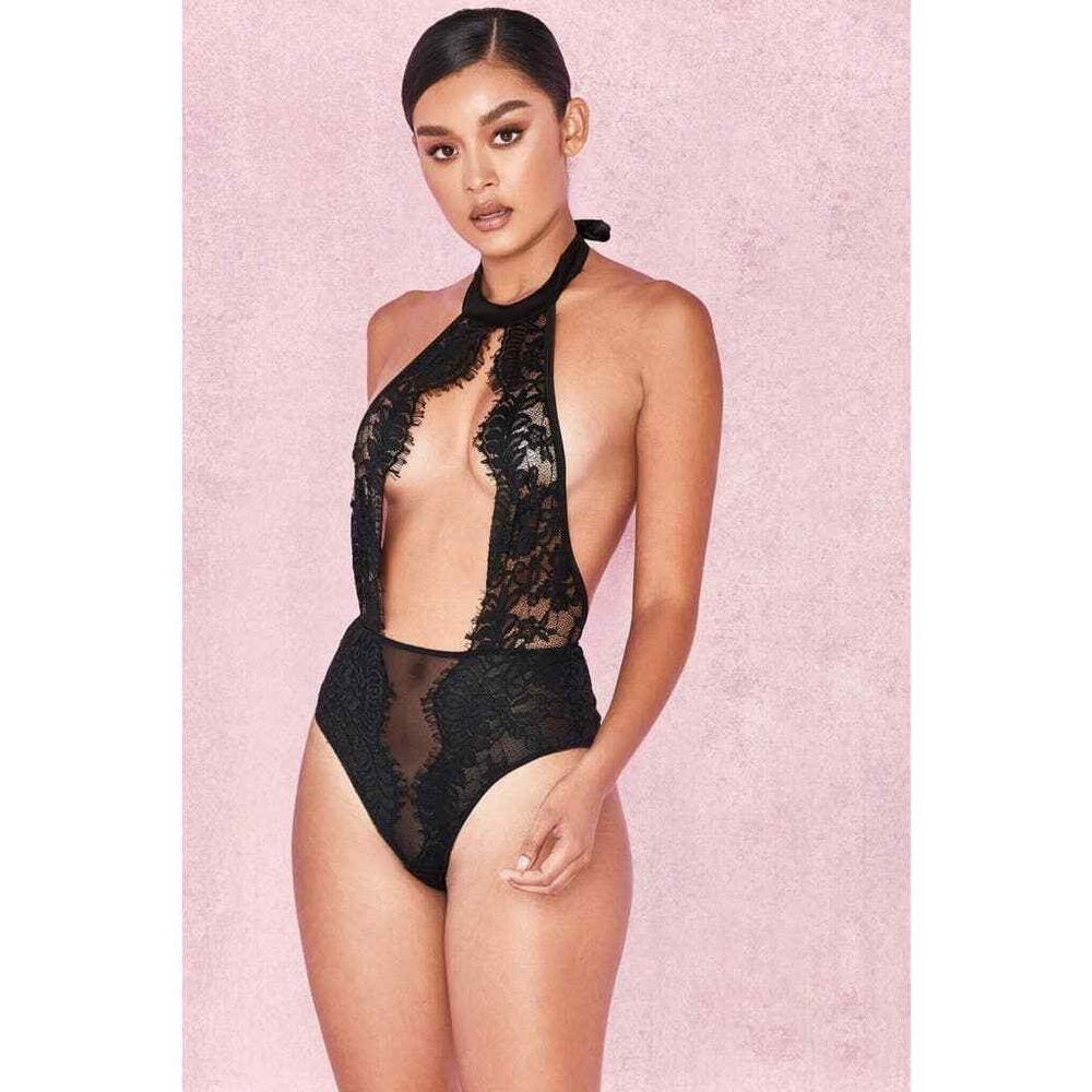 NWT House of CB Alcy Halter Bodysuit One Piece Black Lace
